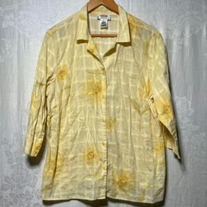 VTG Talbots Button Up 1X Yellow Floral Sunflowers 3/4 Sleeve Plaid Cottagecore